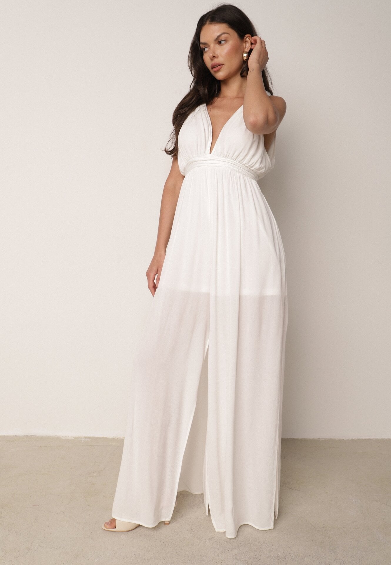 Salopetă Albă din viscoză cu elastic în talie și șnur împletit din in Evalin