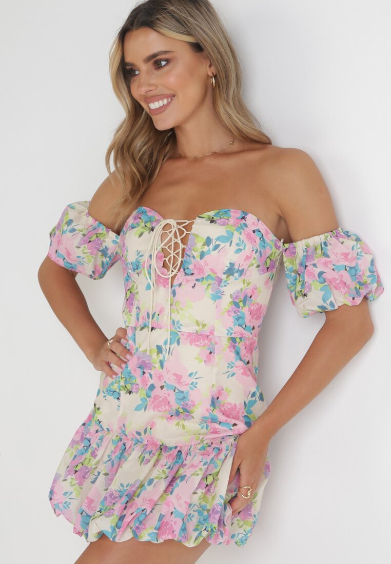 Rochie Mini Bej deschisă cu mâneci căzute și șnur decorativ din bumbac Gabrisa