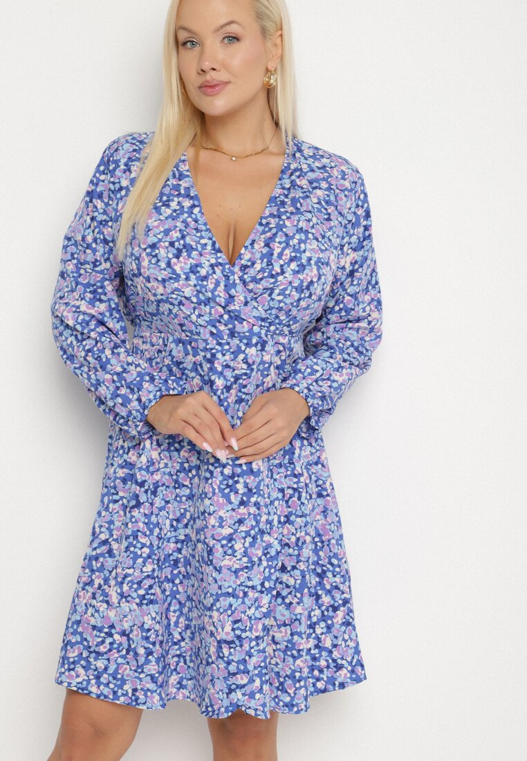 Rochie bleumarin petrecută midi florală cu talie elastică și decolteu adânc Donata