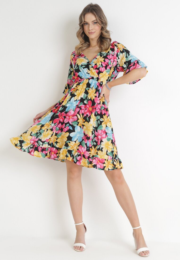 Rochie Mini Din Viscoză Negru-Galbenă cu Elastic în Talie și Volan la Mânecă Ishana