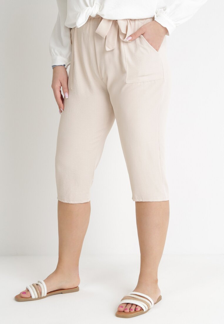 Pantaloni scurți bej deschis, cu lungimea sub genunchi, cu elastic în talie și șnur Gentria