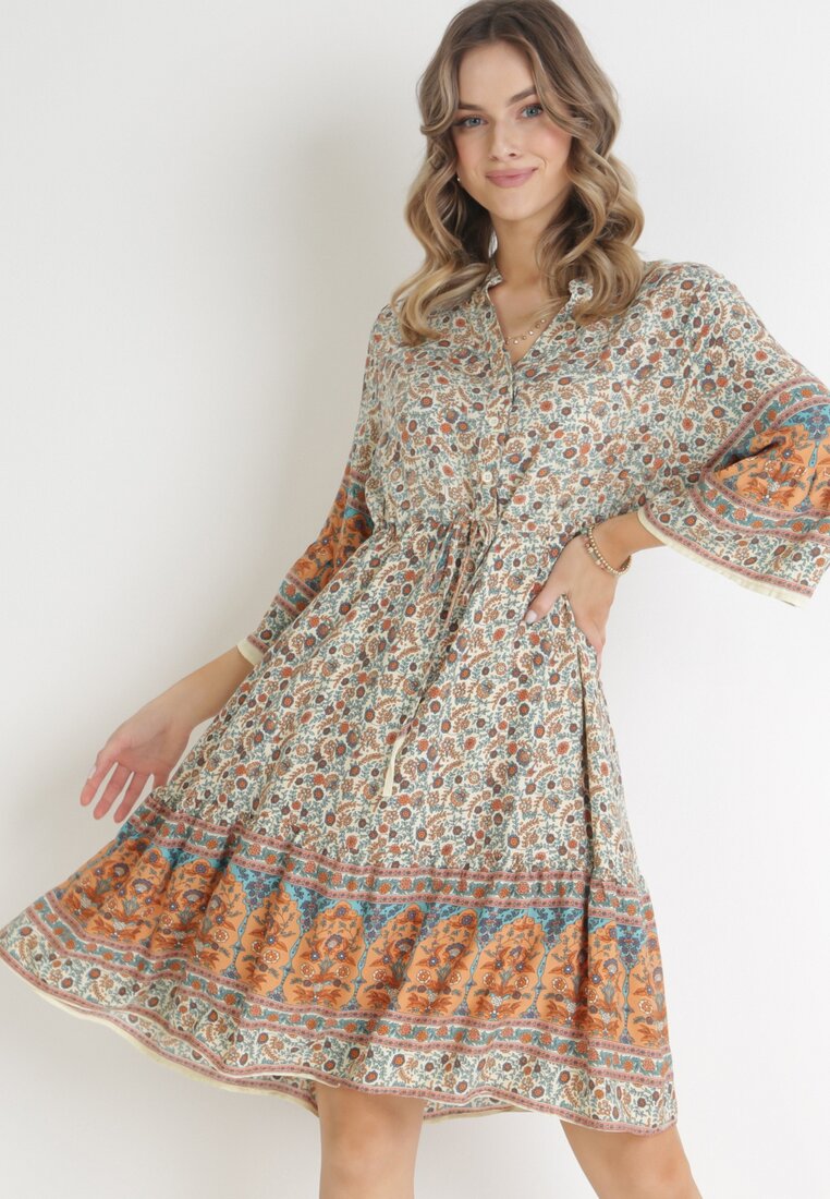 Rochie Bej Cloș Florală din Viscoză Strânsă în Talie Lennyn