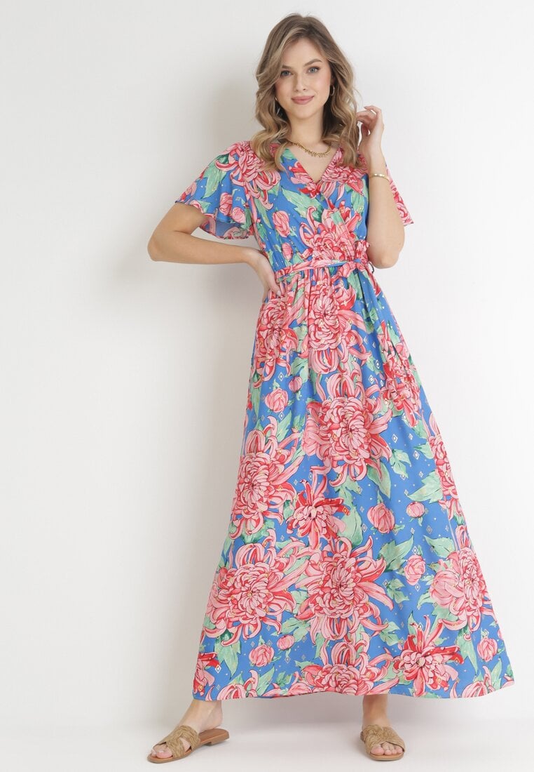 Rochie Albastru-Roz petrecută maxi cu elastic în talie cu imprimeu floral din viscoză Aryna