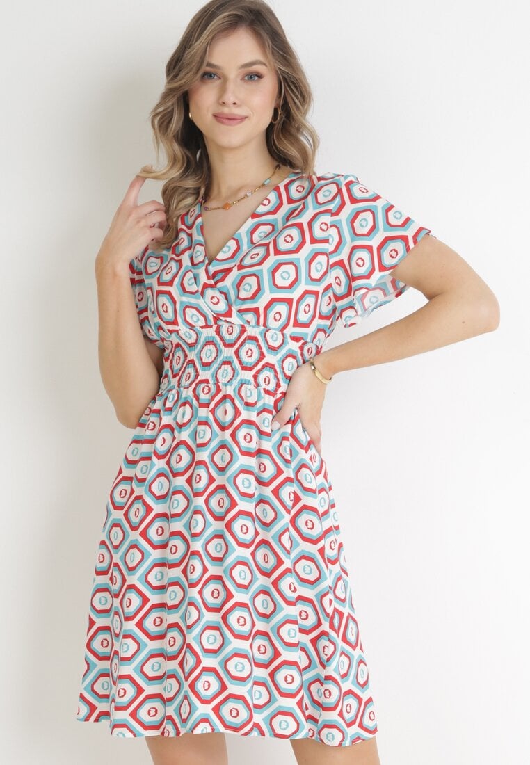 Rochie Mini Roșie-Albă din Viscoză cu Elastic în Talie și Decolteu Petrecut Karisa