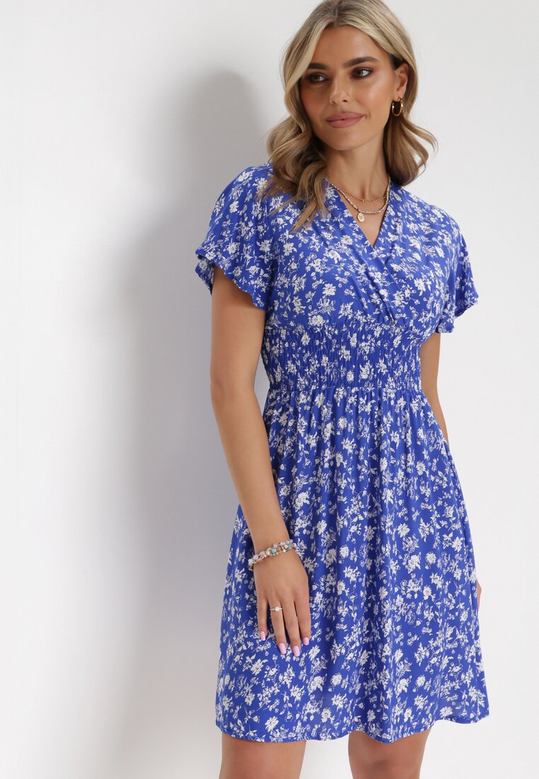 Rochie Mini bleumarin florală din viscoză cu elastic încrețit în talie Catela