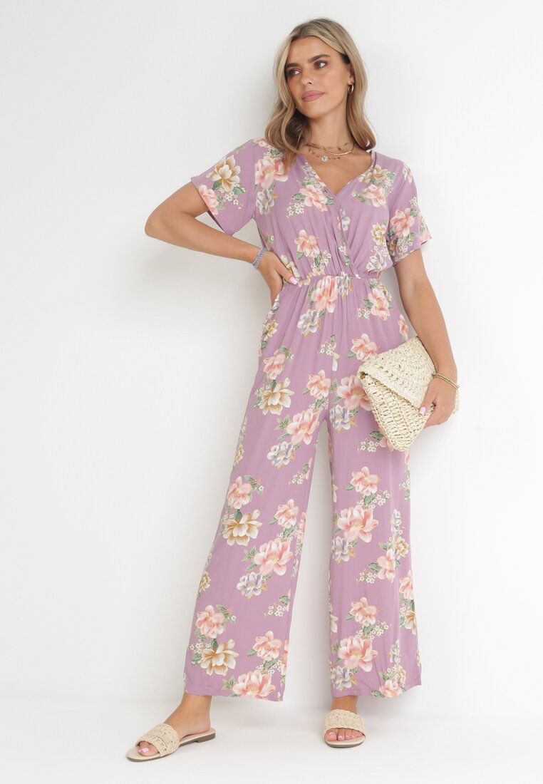 Salopetă Roz Florală cu elastic în talie și decolteu petrecut Coralyna