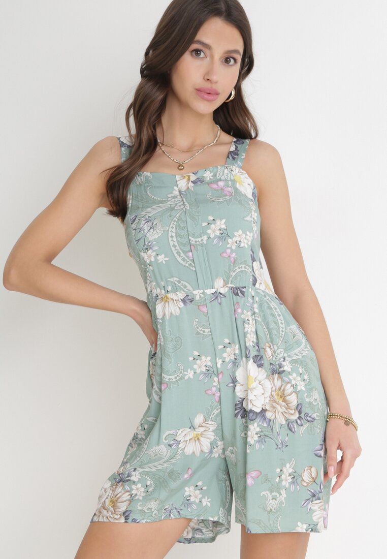 Salopetă Mentă cu Pantaloni Scurți și Elastic Încrețit în Talie Emalyna