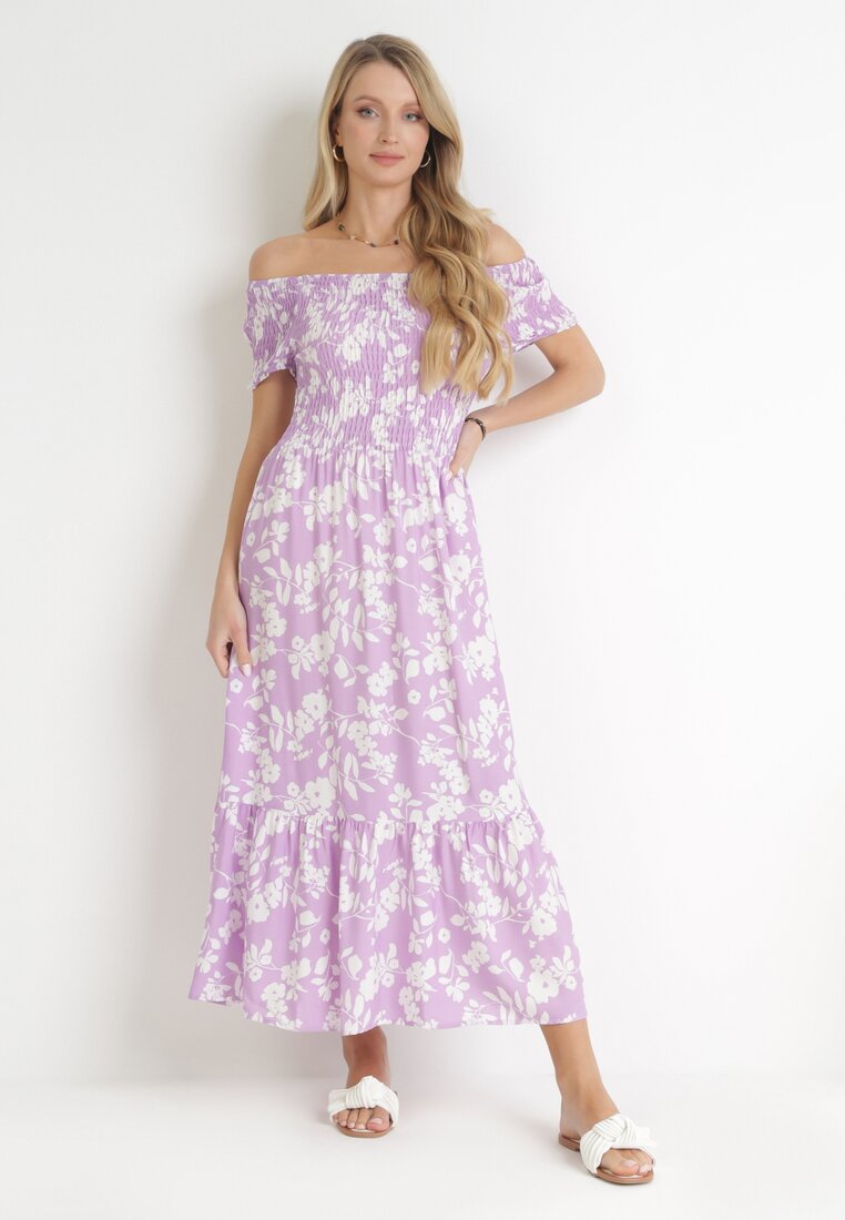 Rochie Violet Florală Spaniolă Maxi cu Elasticuri încrețite Ebothia