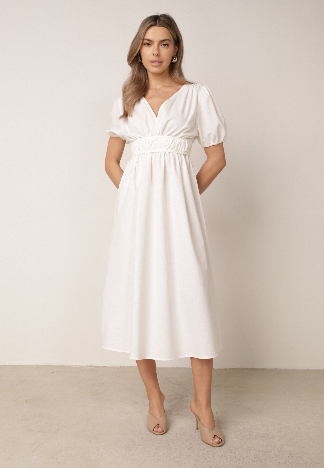Rochie Cloș Albă Midi cu Legătură Decorativă la Spate și Elastic la Talie cu In Senaida