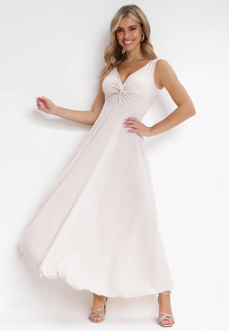 Rochie bej evazată Maxi cu încrețitură la decolteu Jalona