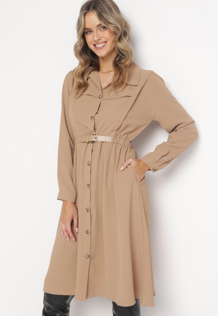 Rochie bej închisă Midi cu elastic în talie și o curea suplimentară cu cataramă Zawadi