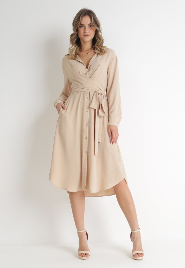 Rochie cămașă bej midi cu nasturi și curea textilă Tetenai