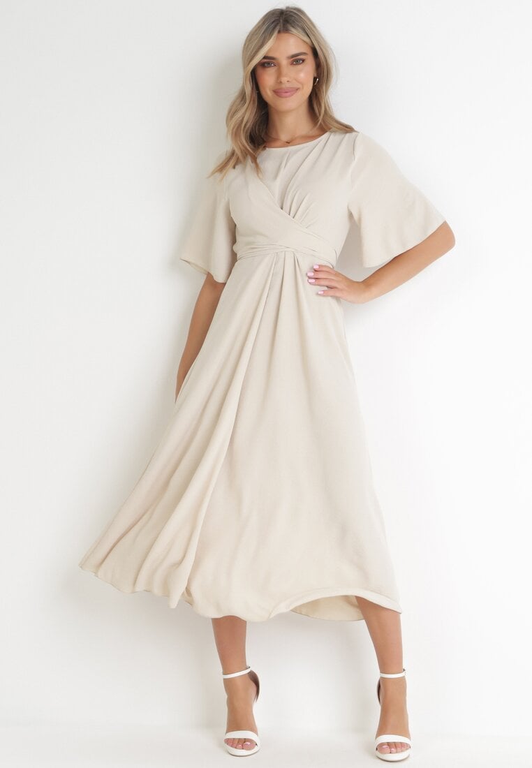 Rochie Bej Maxi cu legătură decorativă și elastic în talie Myrcella