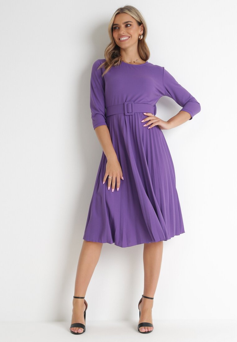 Rochie mov închis plisată cu centură Gonge