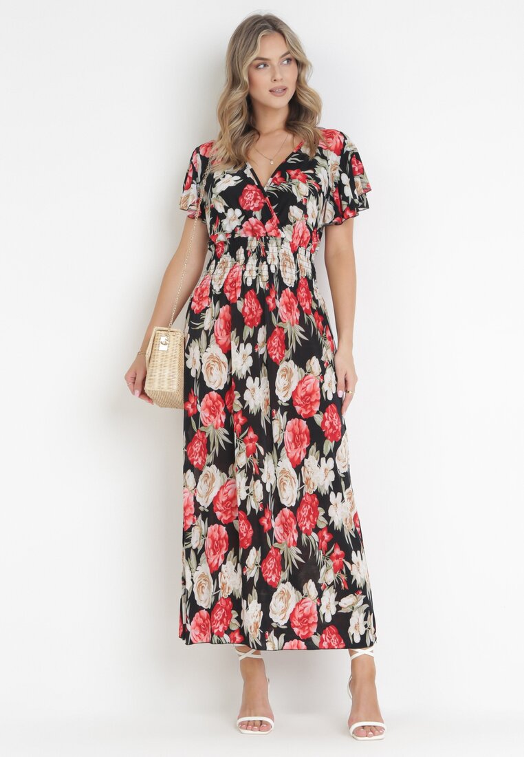 Rochie maxi evazată negru-roșu cu decolteu petrecut și talie elastică încrețită Saera