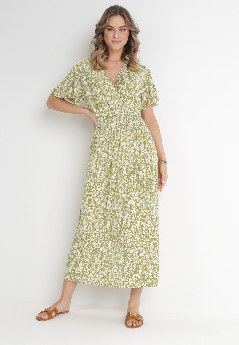 Rochie Verde Deschisă Maxi cu Talie Elastică și Decolteu Petrecut Floral Alaegha