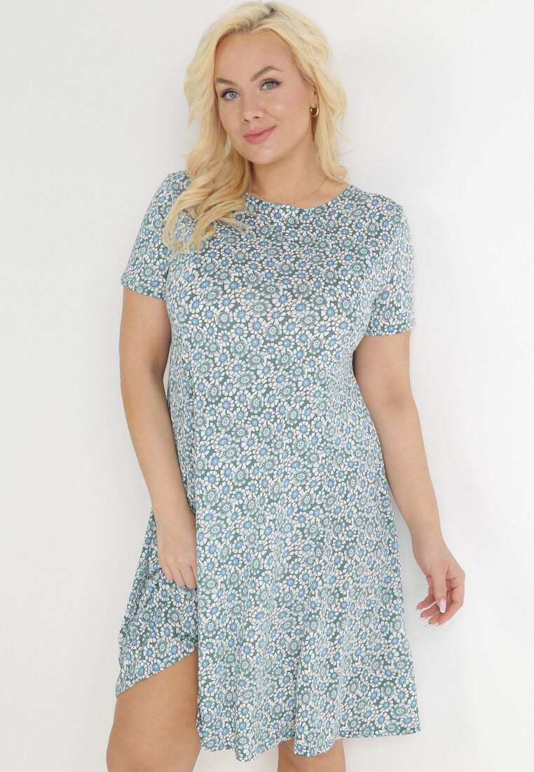 Rochie Verde-Albastră Trapez Mini cu Imprimeu Floral Aganis