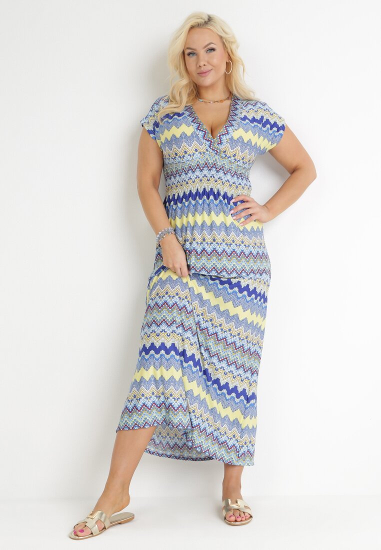 Rochie maxi evazată albastră cu elastic în talie și decolteu petrecut Orela