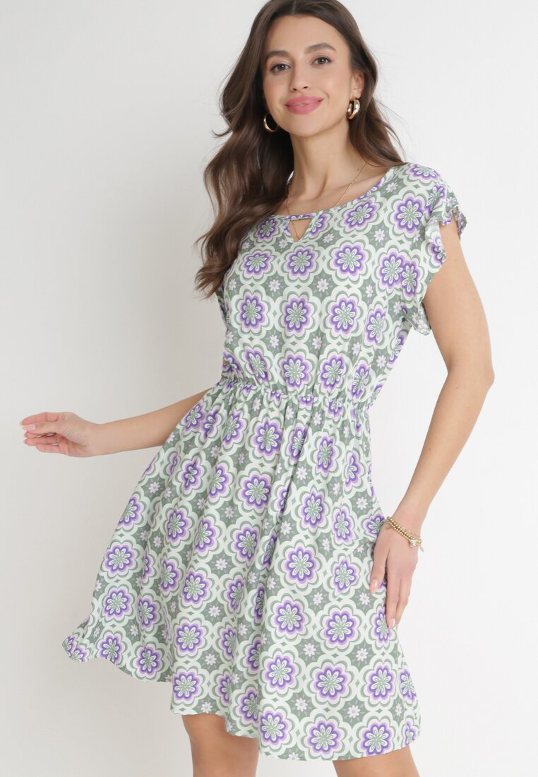 Rochie Mini Verde-Violet de Bumbac cu Talie Elastică Caara