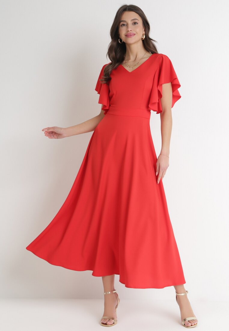 Rochie Roșie Evazată Decorată Cu Volane Emilienne