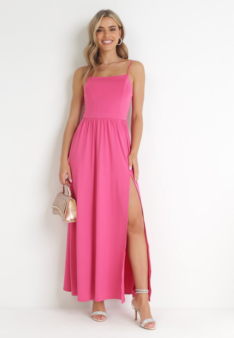 Rochie Fucsia Maxi cu bretele cu crăpătură la tiv și decolteu pătrat Jacklyn