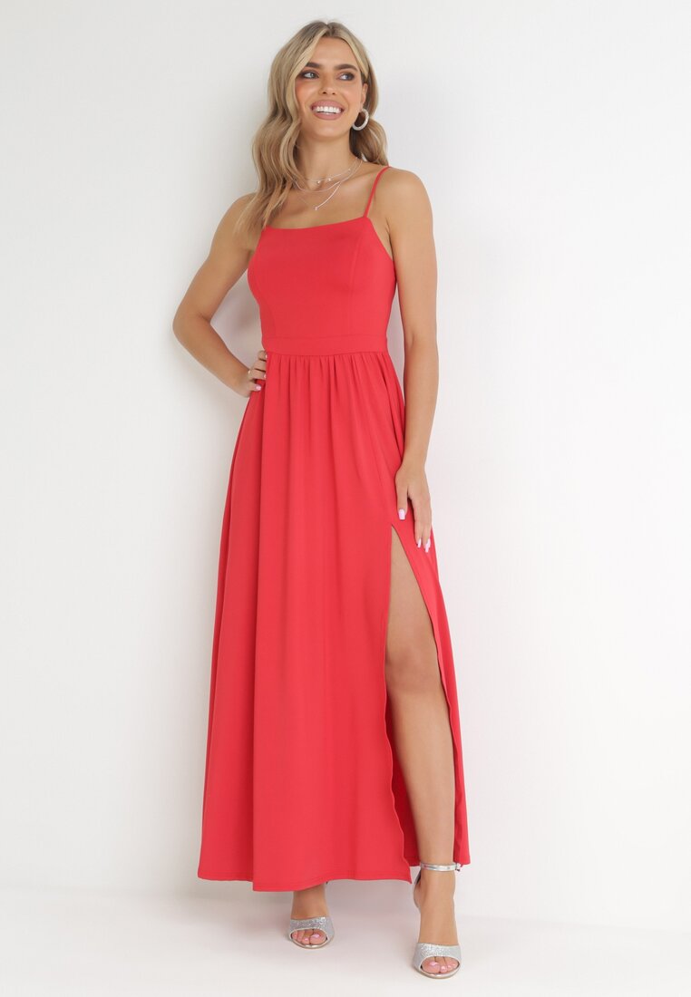 Rochie Roșie Maxi cu bretele cu șliț la tiv și decolteu pătrat Jacklyn