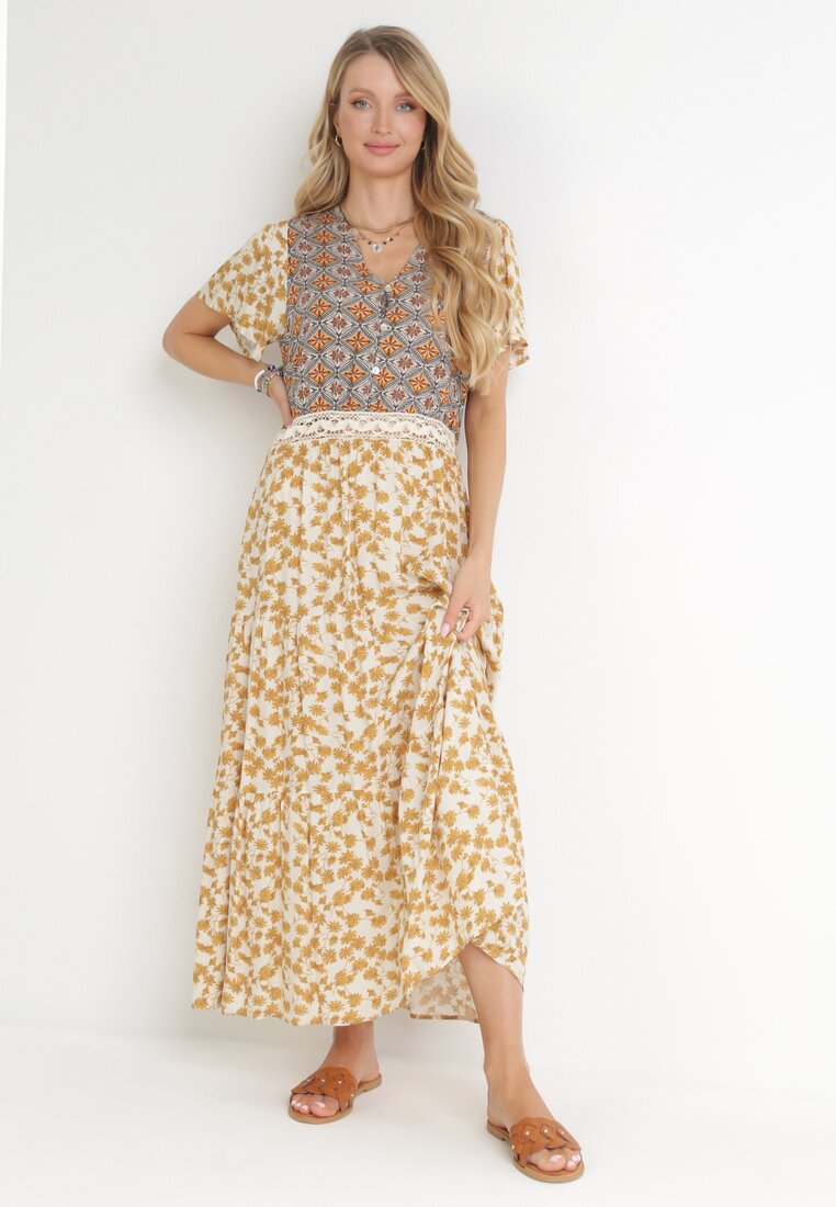 Rochie Galben-Bej Evazată Maxi Stemone