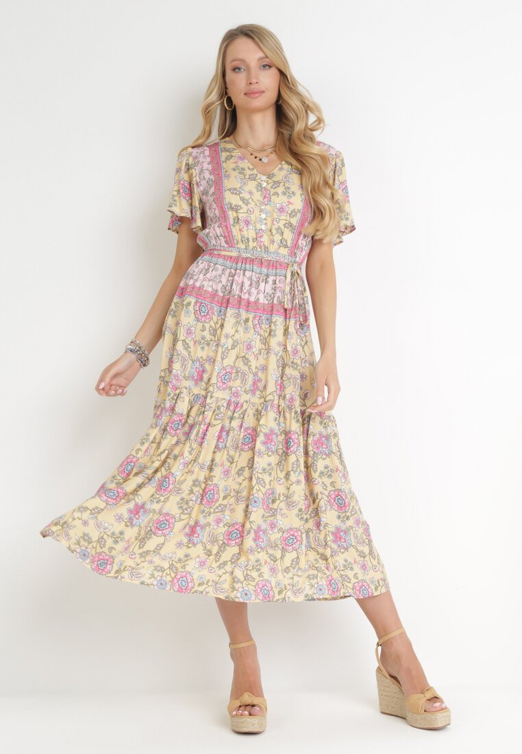 Rochie Galbenă Cloș Midi cu Elastic în Talie și Curea din Material Shagumi