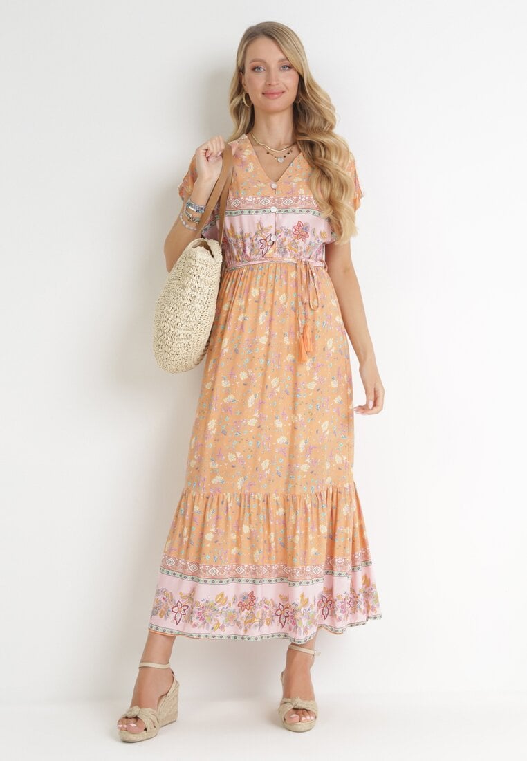 Rochie Portocaliu-Roz din Bumbac Maxi cu elastic în talie și curea subțire cu ciucuri Kenadi