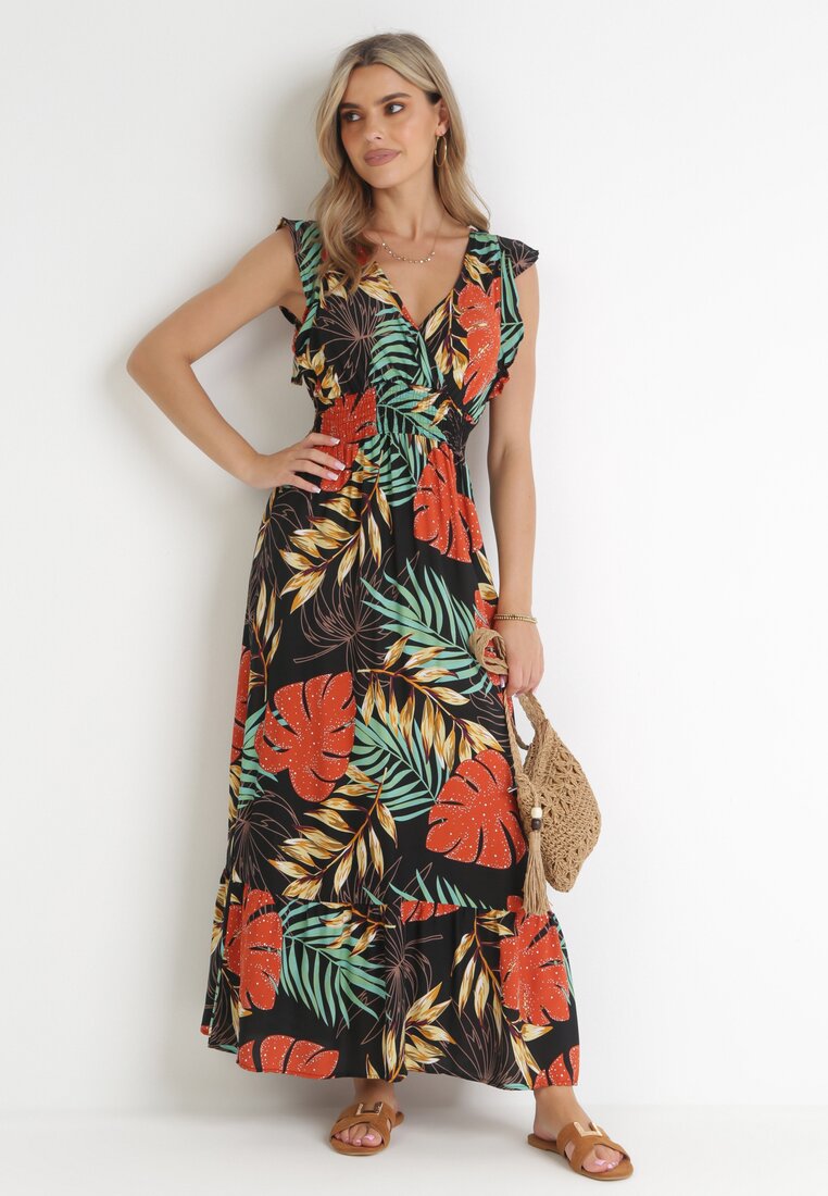 Rochie neagră din viscoză maxi cu decolteu petrecut și benzi elastice în talie Sirerria