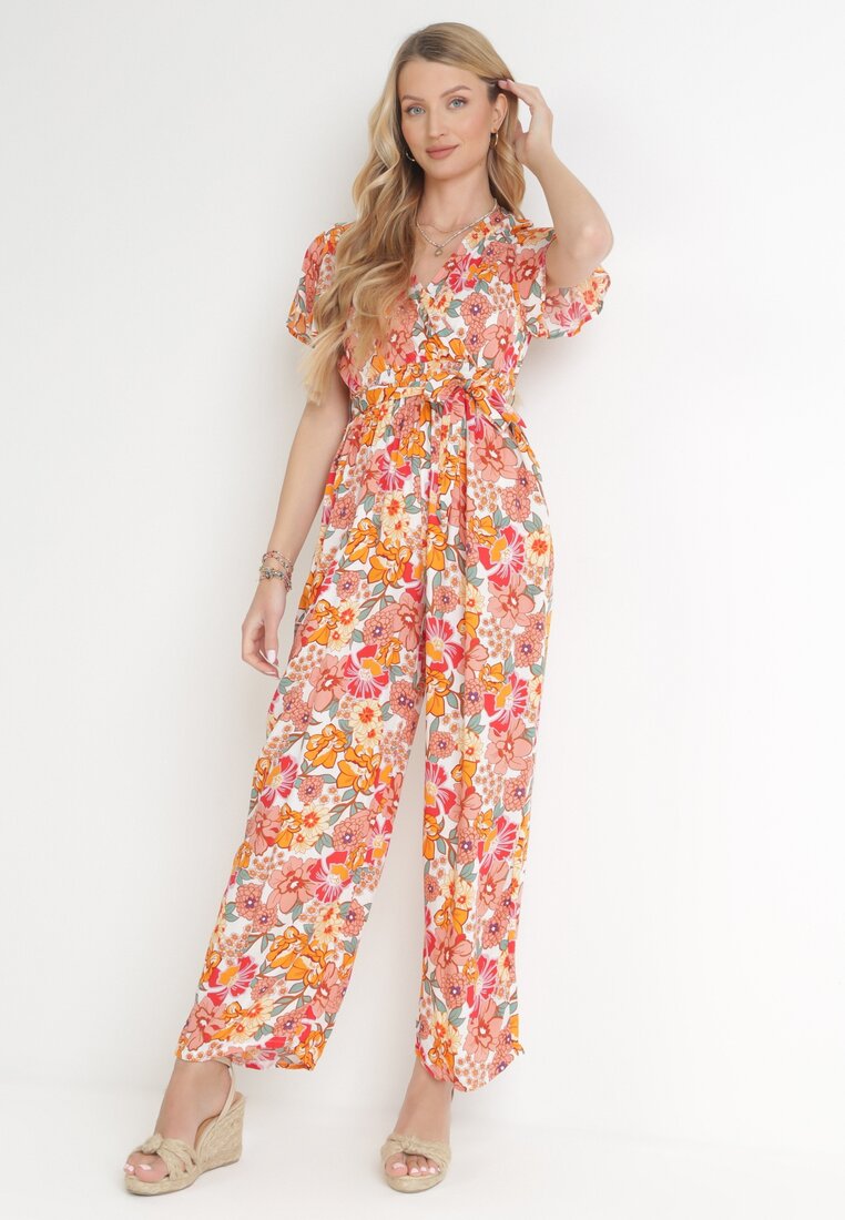 Salopetă Portocaliu-Alb din viscoză cu elastice subțiri în talie și curea din material textil Athelia