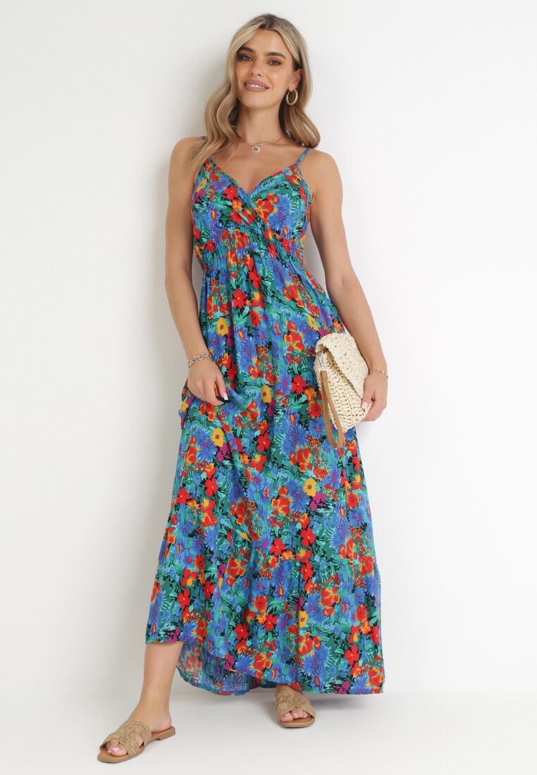 Rochie Albastră din Viscoză cu Imprimeu Floral și Decolteu Petrecut Gelia