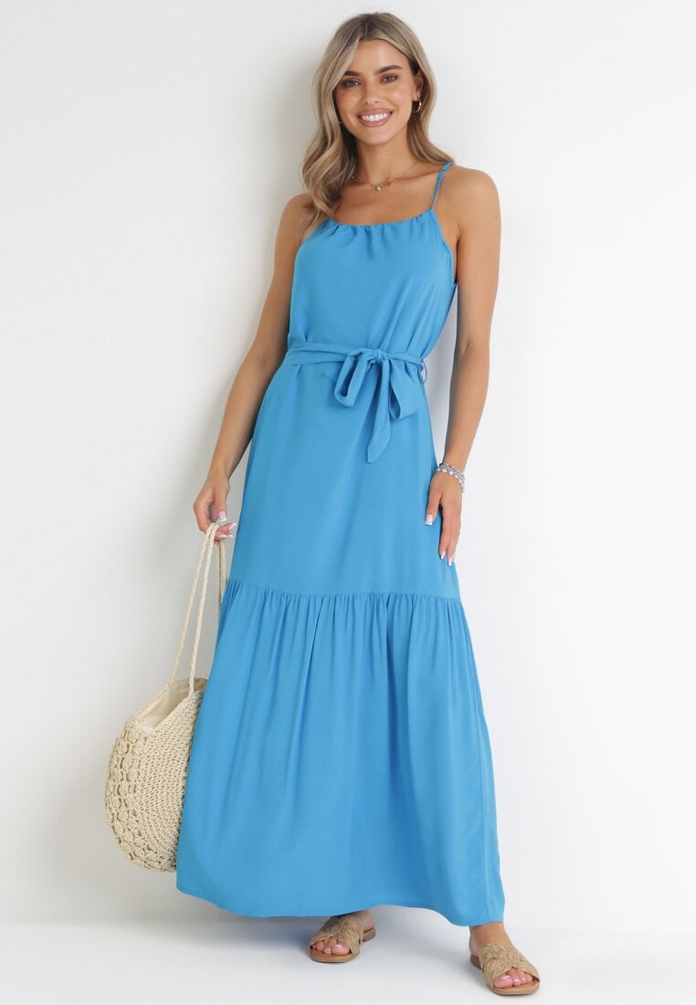 Rochie Albastră Cloș Maxi cu bretele Awlia