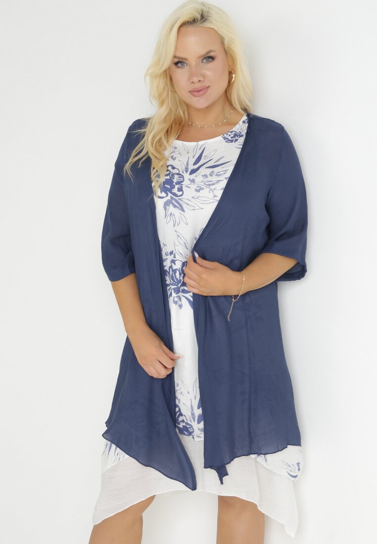 Rochie Trapezoidală Midi în Bleumarin și Alb din Bumbac cu Flori și Bolero Elephira