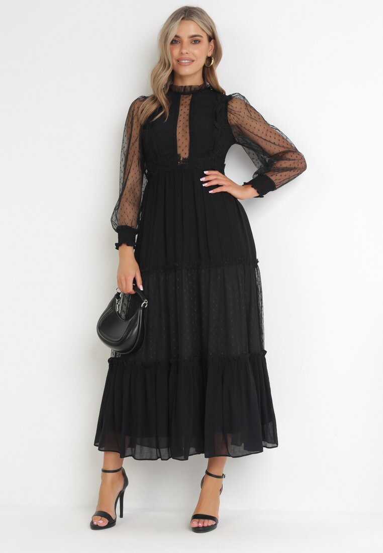 Rochie Cloș Neagră cu Inserții Decorative din tul Revisa