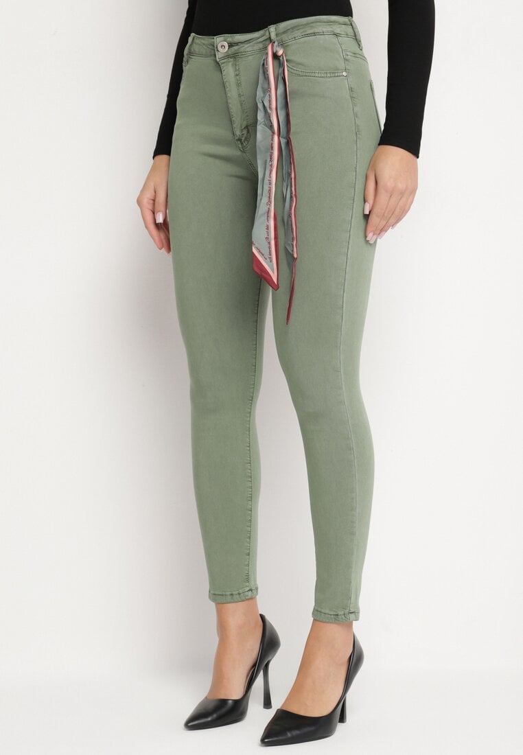 Pantaloni Verde închis Skinny cu Talie Înaltă și Fundiță la Talie Diorene