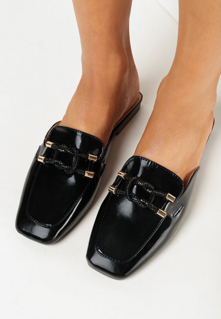 Papuci Negre Mule cu Curele Chendia