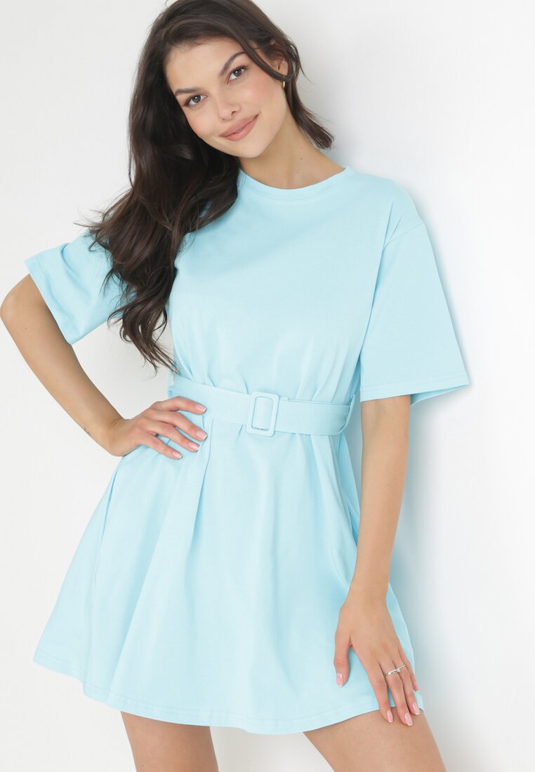 Rochie mini din bumbac albastru deschis cu curea din material cu cataramă Yakatoki