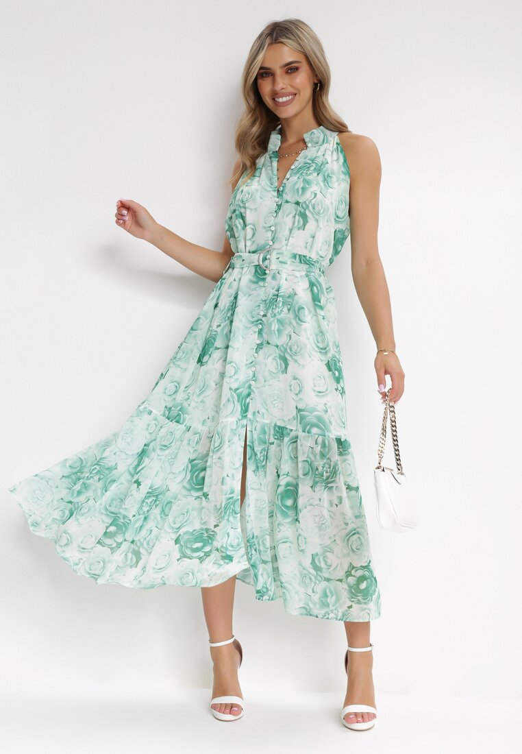 Rochie Verde Evazată cu Curea Textilă Evanagia