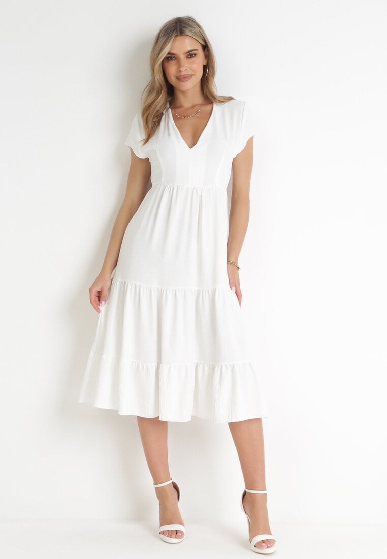 Rochie Albă Midi Cloș cu Volane Sanissa