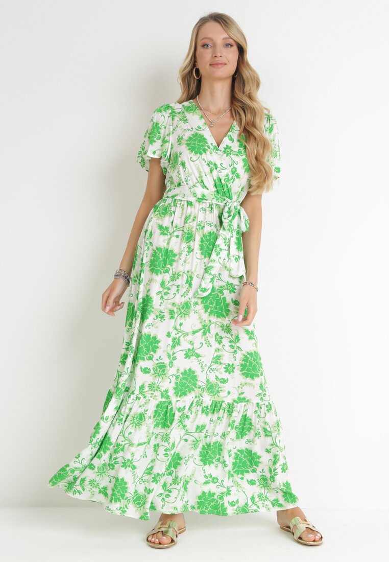 Rochie Verde Maxi cu Elastic și Nod în Talie din Viscoză Aspasia