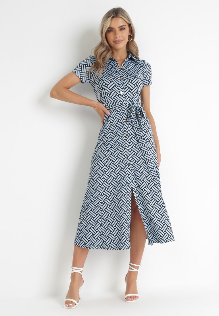 Rochie tip cămașă Albastră Midi cu mâneci scurte și curea din material Sanerit