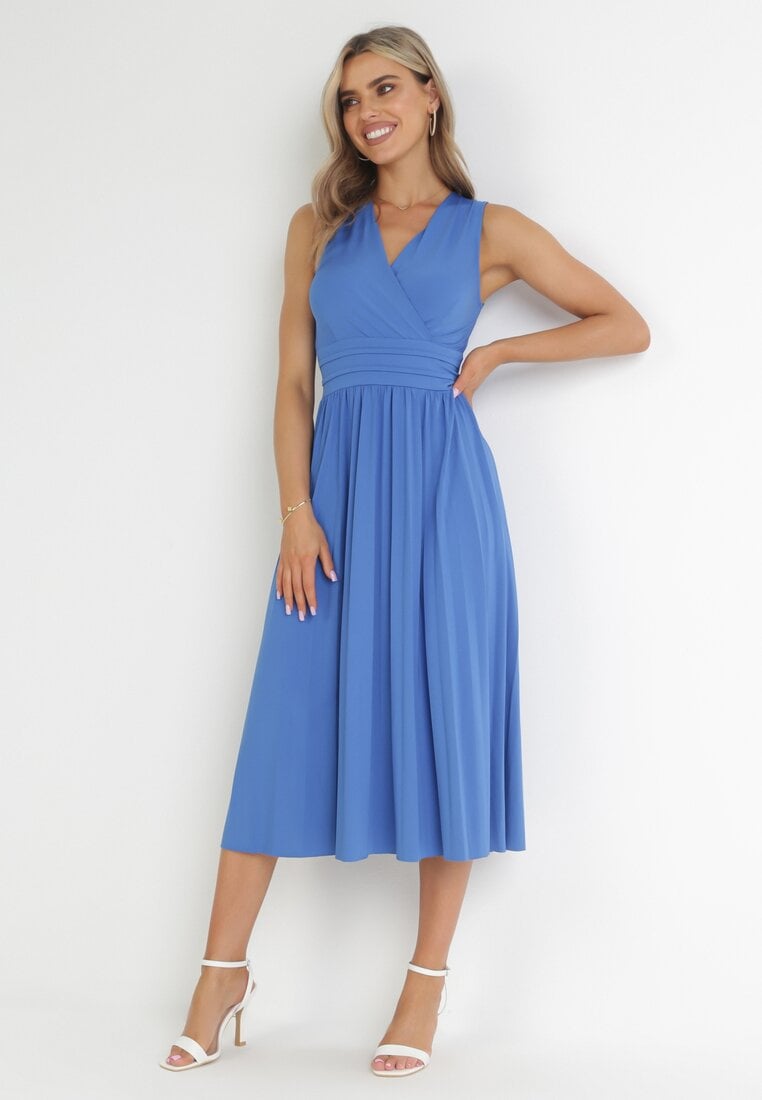 Rochie Albastră Midi Fără Mâneci cu Fusta Plisată Dreana