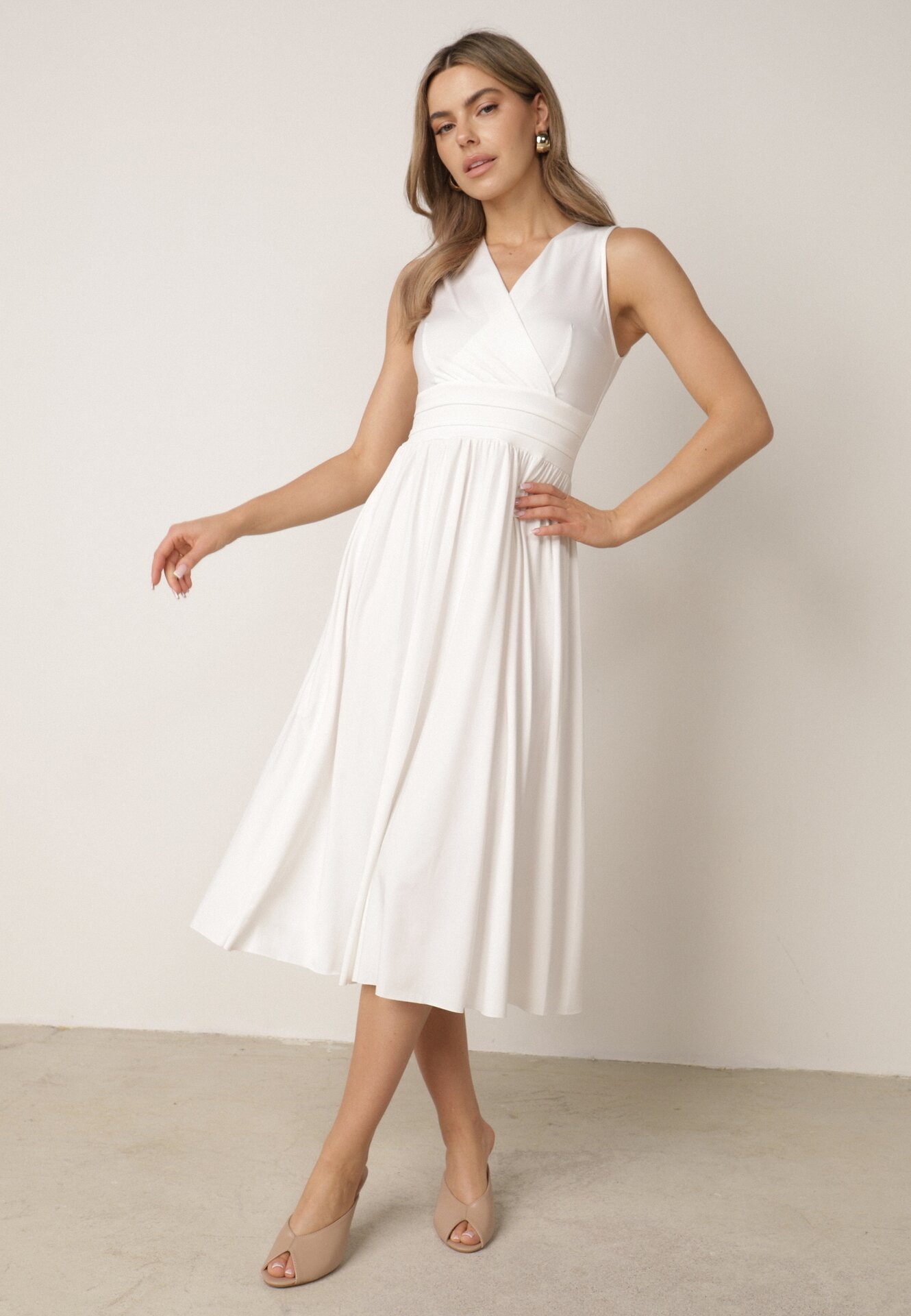 Rochie Midi Albă fără mâneci cu tiv plisat Dreana