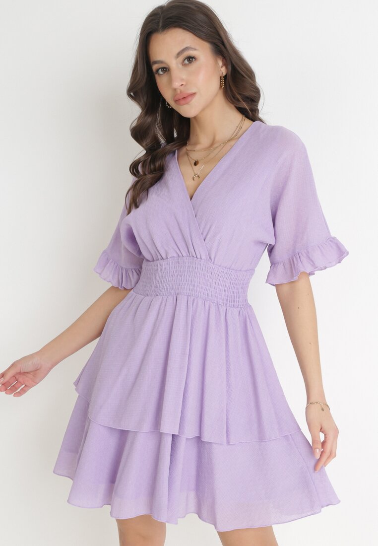 Rochie Mov Mini cu Elastic în Talie și Volane Edeane