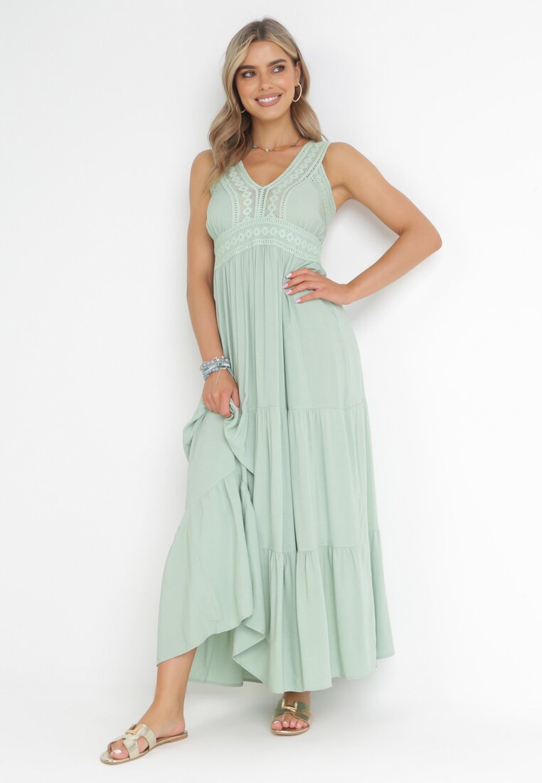 Rochie Verde Maxi cu Benzi Dantelate Fără Mâneci Jaemma