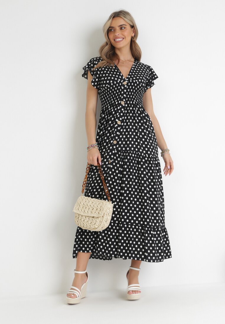 Rochie Neagră Maxi cu buline cu elastic lat în talie Khalsa