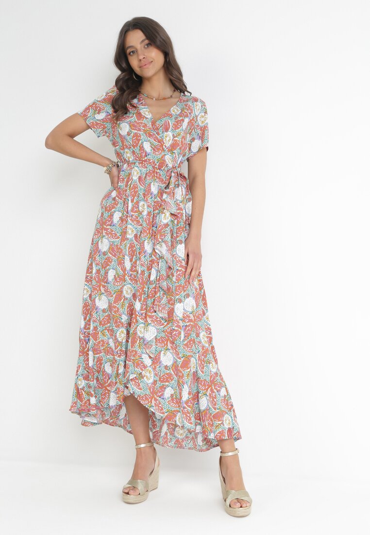 Rochie Verde-Roșu Viscoză Midi cu elastic în talie și volane Amili