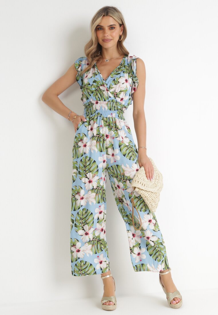 Salopetă Albastru deschis Din bumbac cu pantaloni lungi cu model floral Daina