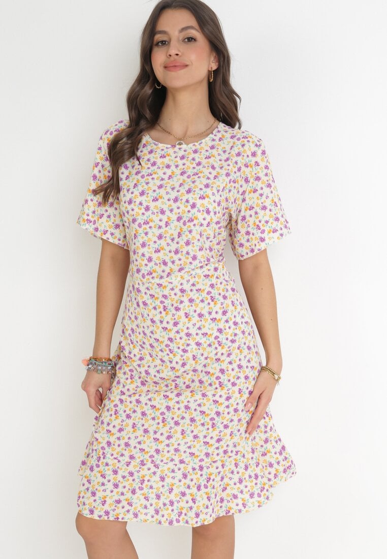 Rochie Bej tip cutie cu imprimeu floral și volane Temrance